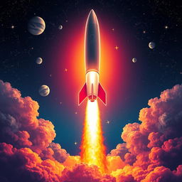 A vibrant and dynamic digital art poster showcasing a rocket launch into space