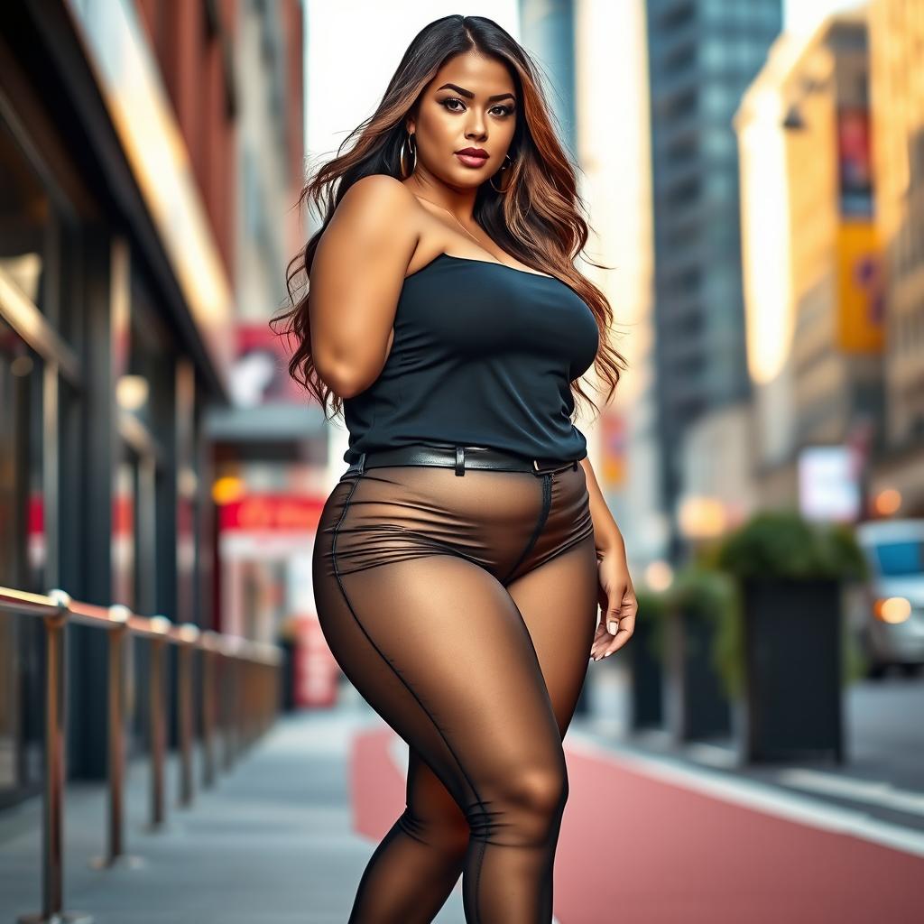 A beautiful plus-size woman wearing trendy see-through leggings, showcasing her confident and glamorous style