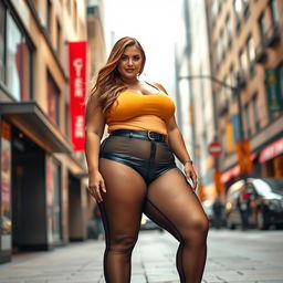 A beautiful plus-size woman wearing trendy see-through leggings, showcasing her confident and glamorous style