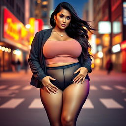 A beautiful plus-size woman wearing trendy see-through leggings, showcasing her confident and glamorous style