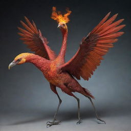 A fantastical bird-like creature with three heads, four strong legs, and breathes out fire while flying.