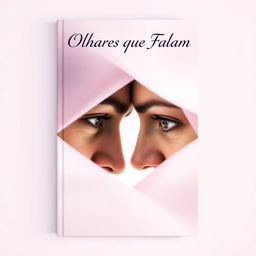 A beautiful book cover design for 'Olhares que Falam' featuring a soft background in shades of lilac and pink, evoking a sense of delicacy and emotion