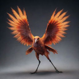 A fantastical bird-like creature with three heads, four strong legs, and breathes out fire while flying.