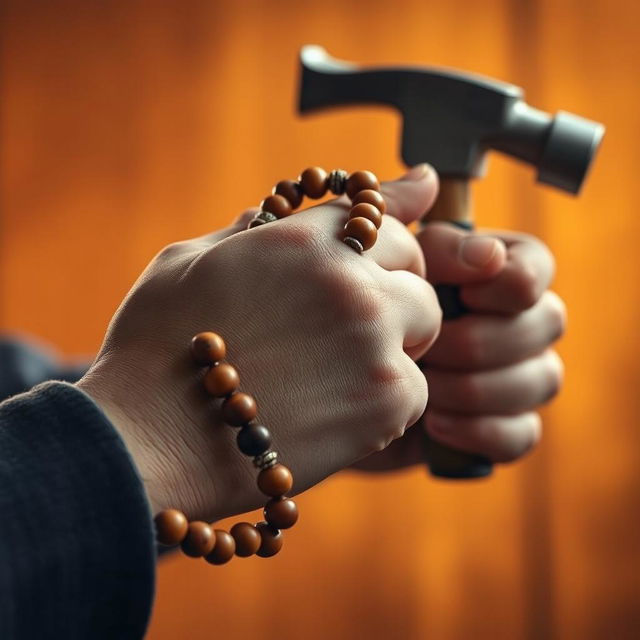 A beautifully detailed close-up image of a hand holding prayer beads made of polished wood, showcasing the intricate craftsmanship with a soft glow reflecting off the beads