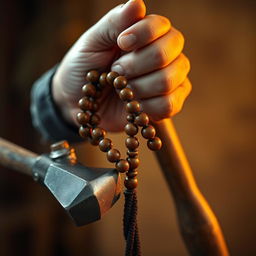 A beautifully detailed close-up image of a hand holding prayer beads made of polished wood, showcasing the intricate craftsmanship with a soft glow reflecting off the beads