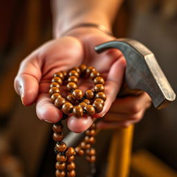 A beautifully detailed close-up image of a hand holding prayer beads made of polished wood, showcasing the intricate craftsmanship with a soft glow reflecting off the beads