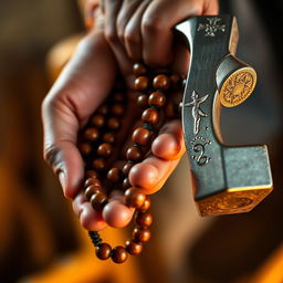 A beautifully detailed close-up image of a hand holding prayer beads made of polished wood, showcasing the intricate craftsmanship with a soft glow reflecting off the beads