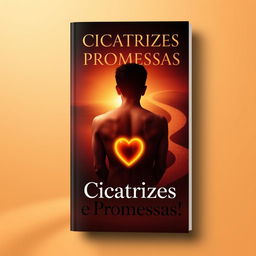 A striking book cover design for 'Cicatrizes e Promessas' featuring a blend of dark and vibrant tones, specifically red, brown, and gold, symbolizing both pain and hope