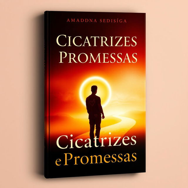 A striking book cover design for 'Cicatrizes e Promessas' featuring a blend of dark and vibrant tones, specifically red, brown, and gold, symbolizing both pain and hope