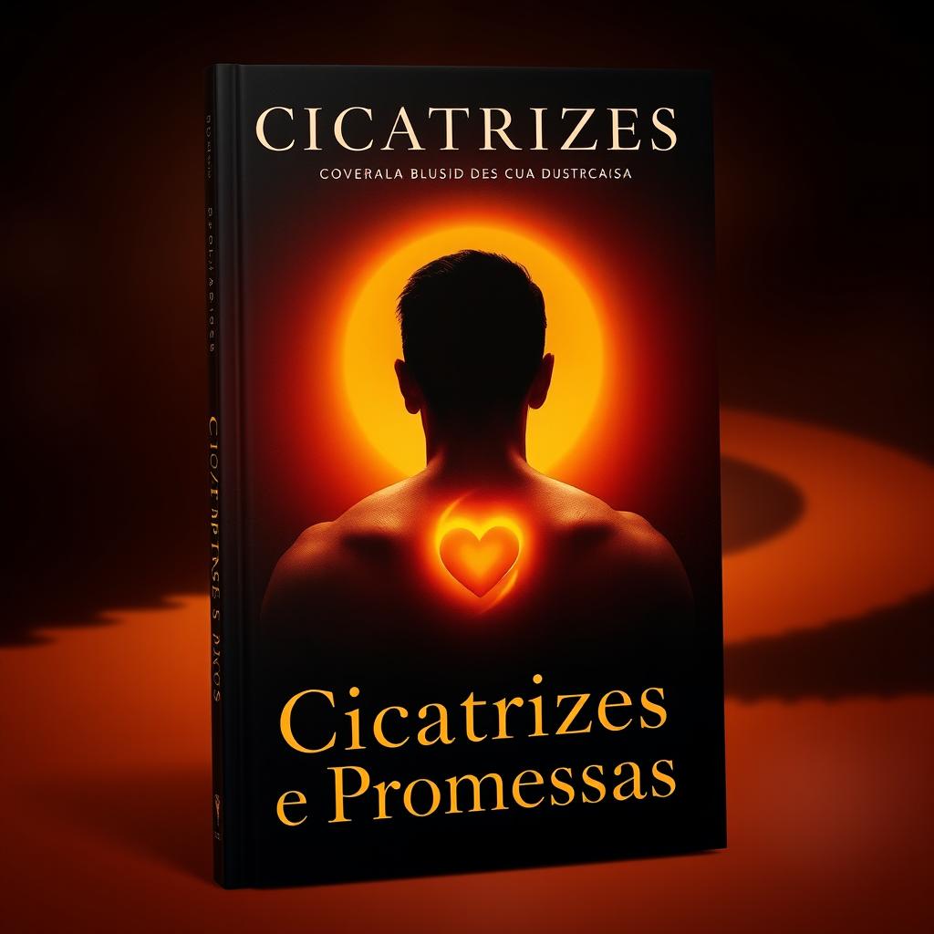 A striking book cover design for 'Cicatrizes e Promessas' featuring a blend of dark and vibrant tones, specifically red, brown, and gold, symbolizing both pain and hope