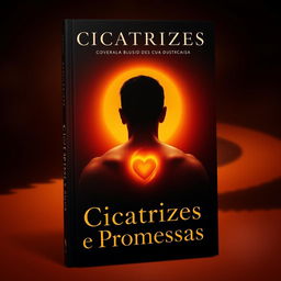 A striking book cover design for 'Cicatrizes e Promessas' featuring a blend of dark and vibrant tones, specifically red, brown, and gold, symbolizing both pain and hope