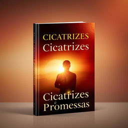 A striking book cover design for 'Cicatrizes e Promessas' featuring a blend of dark and vibrant tones, specifically red, brown, and gold, symbolizing both pain and hope