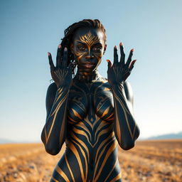 A powerful image of a woman wearing body paint, with her hands strategically covering her nipples