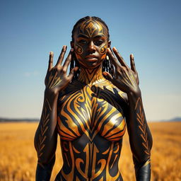 A powerful image of a woman wearing body paint, with her hands strategically covering her nipples