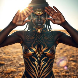 A powerful image of a woman wearing body paint, with her hands strategically covering her nipples