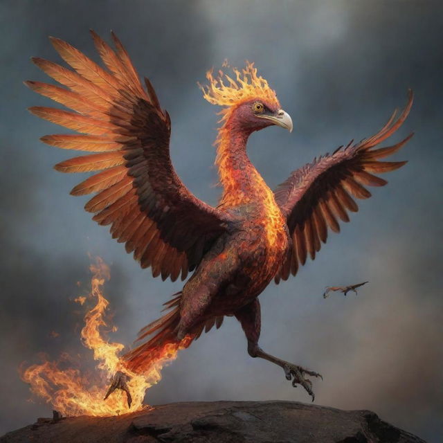 A fantastical bird-like creature with three heads, four strong legs, and breathes out fire while flying.