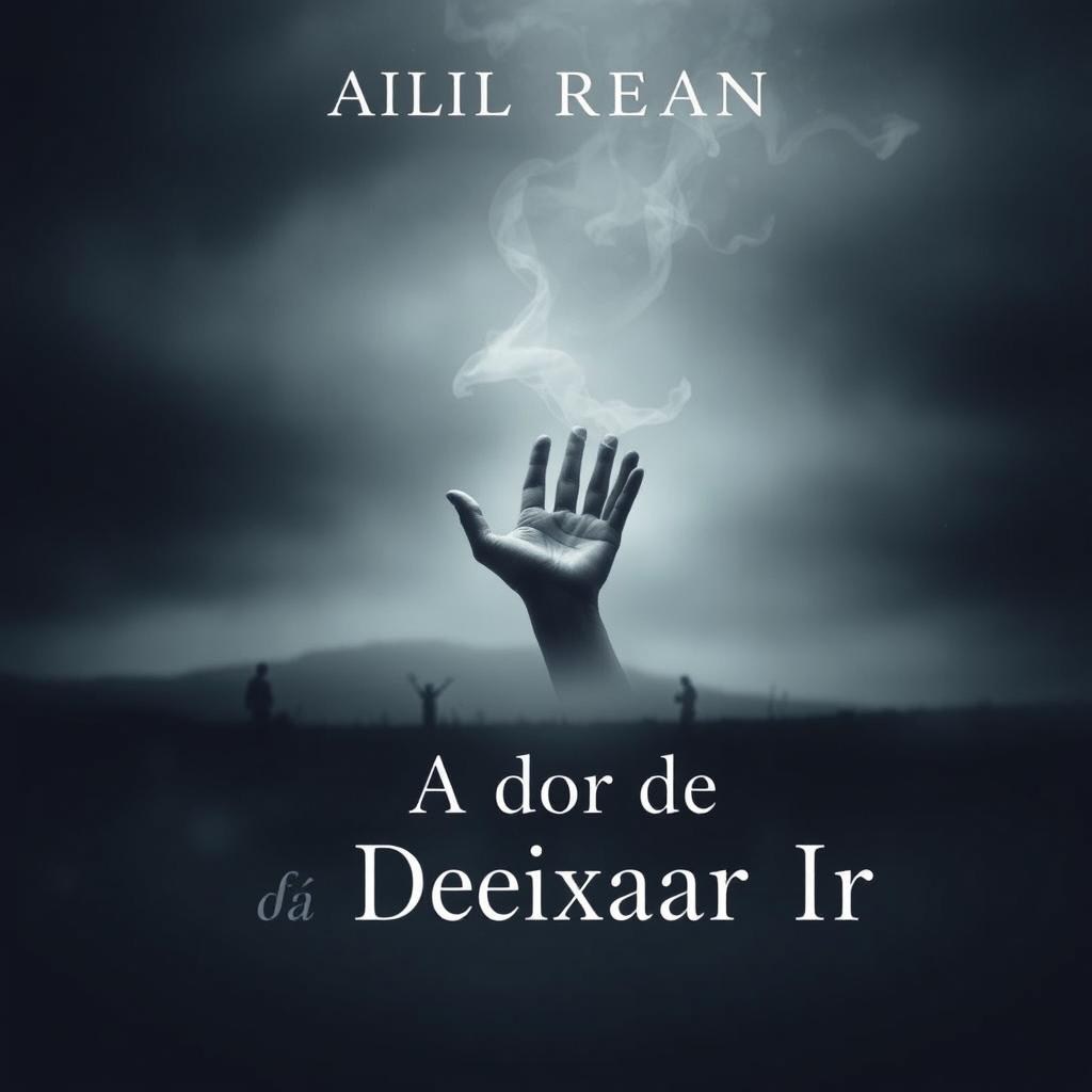 A deep and emotional book cover design for 'A Dor de Deixar Ir' featuring a background in shades of gray and dark blue that evoke a sense of melancholy and reflection