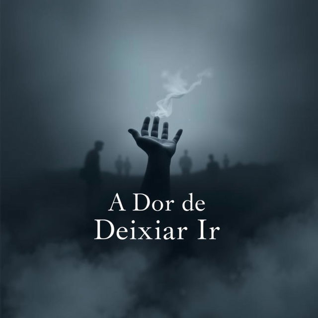 A deep and emotional book cover design for 'A Dor de Deixar Ir' featuring a background in shades of gray and dark blue that evoke a sense of melancholy and reflection