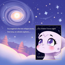 Page 1 introduces Luna's enchanting celestial home, showcasing a panoramic view that resembles a fairy-tale land with swirling stars and gentle pastel colors creating a dreamlike atmosphere