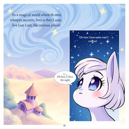 Page 1 introduces Luna's enchanting celestial home, showcasing a panoramic view that resembles a fairy-tale land with swirling stars and gentle pastel colors creating a dreamlike atmosphere