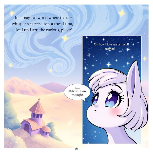 Page 1 introduces Luna's enchanting celestial home, showcasing a panoramic view that resembles a fairy-tale land with swirling stars and gentle pastel colors creating a dreamlike atmosphere