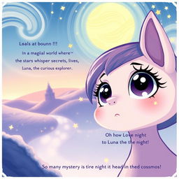 Page 1 introduces Luna's enchanting celestial home, showcasing a panoramic view that resembles a fairy-tale land with swirling stars and gentle pastel colors creating a dreamlike atmosphere