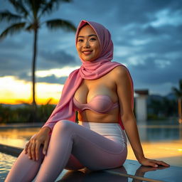 A 23-year-old Japanese woman with a curvaceous figure, showcasing her cleavage in a pink long hijab