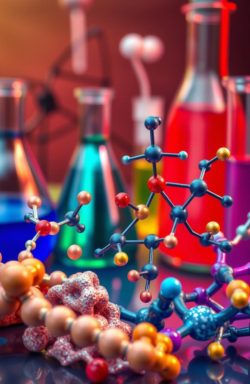 A visually striking representation of polymer chemistry featuring an array of molecular structures and chains