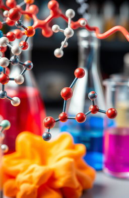 A visually striking representation of polymer chemistry featuring an array of molecular structures and chains