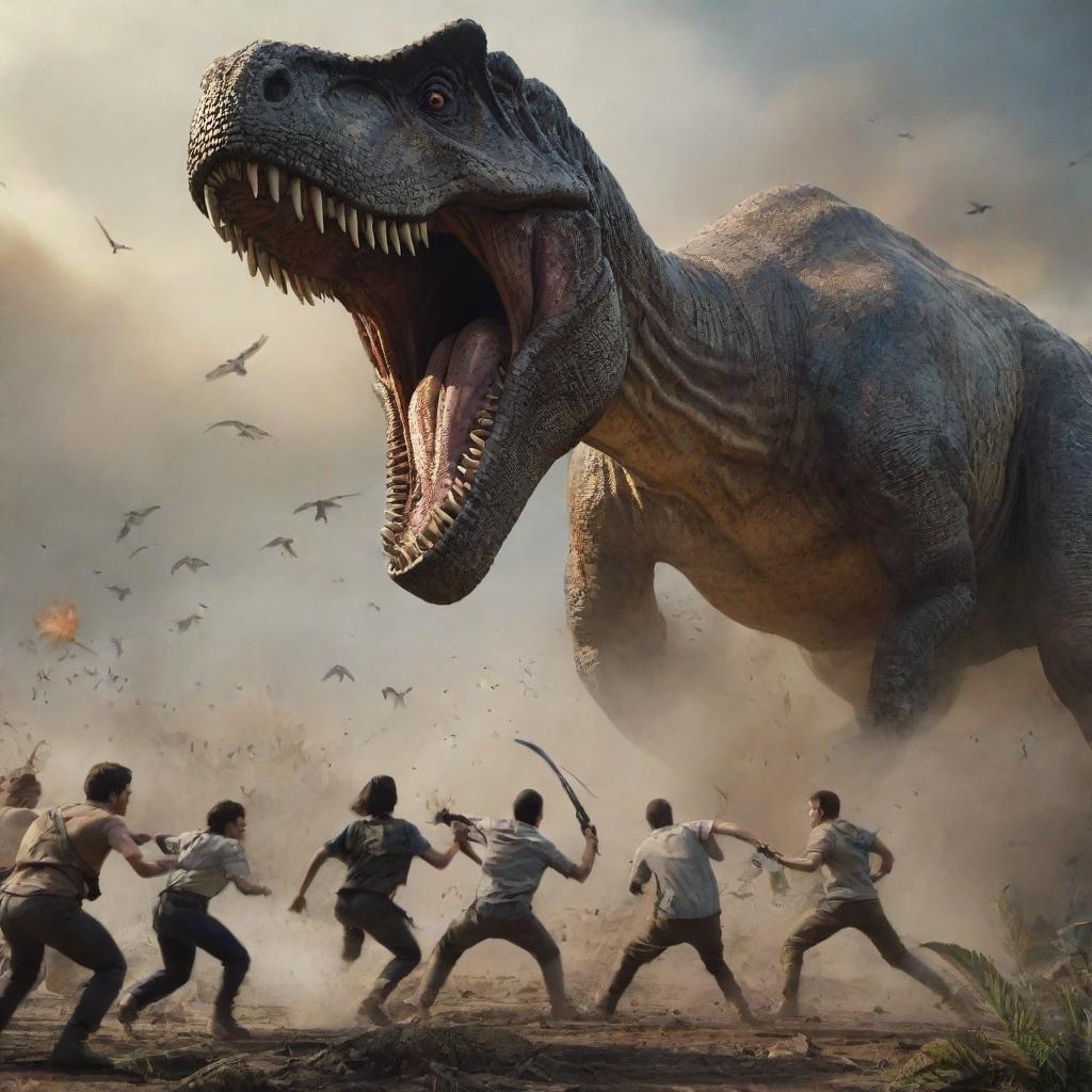 An intense scene of humans engaged in a fierce battle against a gigantic dinosaur.