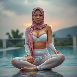 A stunning 23-year-old Japanese woman with a large chest and visible cleavage, wearing a long pink hijab