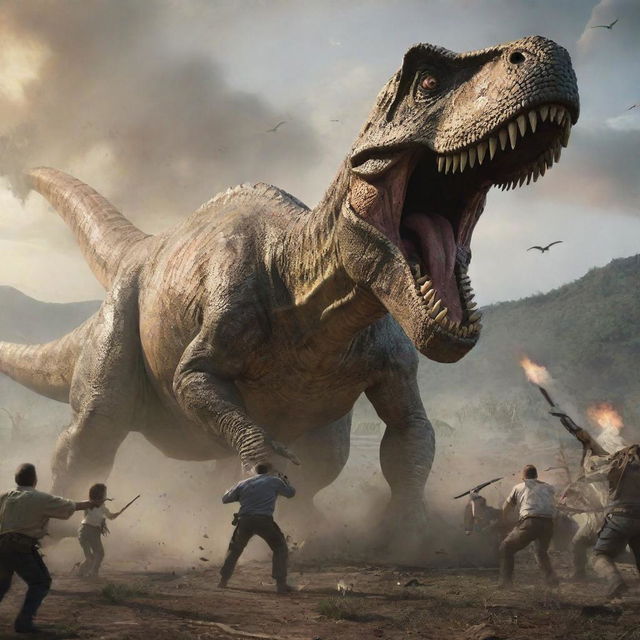 An intense scene of humans engaged in a fierce battle against a gigantic dinosaur.