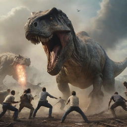 An intense scene of humans engaged in a fierce battle against a gigantic dinosaur.