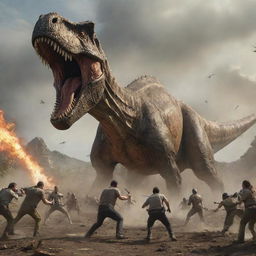 An intense scene of humans engaged in a fierce battle against a gigantic dinosaur.