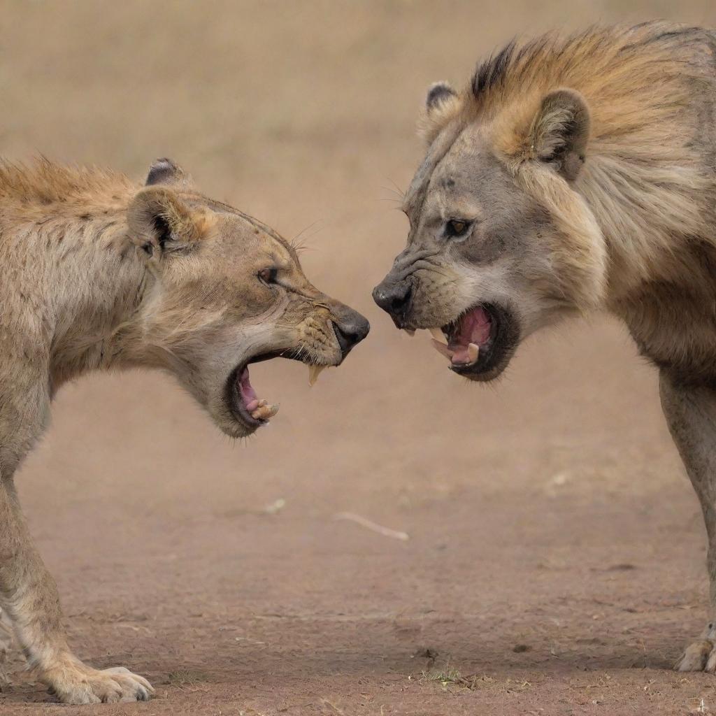 A gripping face-off between a mighty lion and a cunning hyena, both poised and ready to strike.