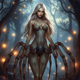 A captivating female humanoid character with spider body parts, seamlessly merging human and arachnid features