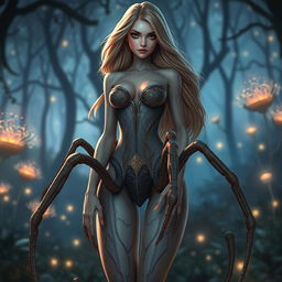 A captivating female humanoid character with spider body parts, seamlessly merging human and arachnid features