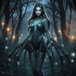 A captivating female humanoid character with spider body parts, seamlessly merging human and arachnid features