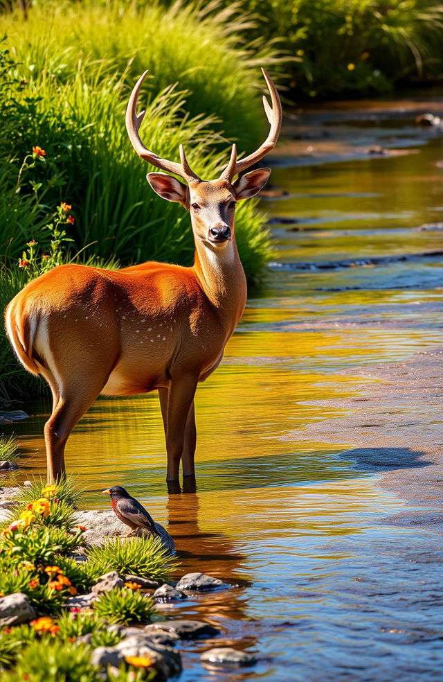 A serene scene featuring a majestic deer standing gracefully beside a babbling brook, surrounded by lush greenery