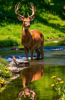 A serene scene featuring a majestic deer standing gracefully beside a babbling brook, surrounded by lush greenery