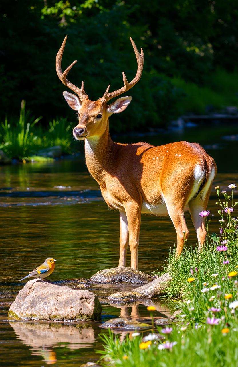 A serene scene featuring a majestic deer standing gracefully beside a babbling brook, surrounded by lush greenery