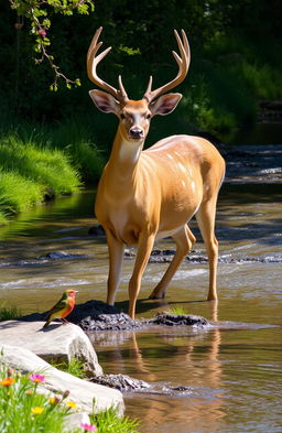 A serene scene featuring a majestic deer standing gracefully beside a babbling brook, surrounded by lush greenery