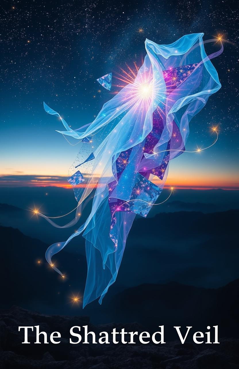 A mystical scene depicting 'The Shattered Veil', showcasing a beautifully fragmented fabric of light and colors that seems to float in an ethereal realm