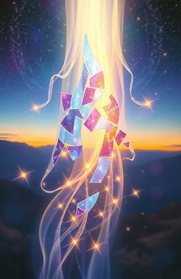 A mystical scene depicting 'The Shattered Veil', showcasing a beautifully fragmented fabric of light and colors that seems to float in an ethereal realm