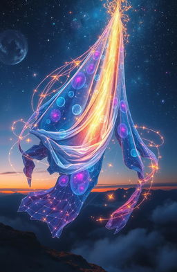 A mystical scene depicting 'The Shattered Veil', showcasing a beautifully fragmented fabric of light and colors that seems to float in an ethereal realm