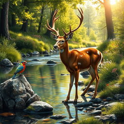 A picturesque scene depicting a graceful deer standing at the edge of a tranquil brook, surrounded by vibrant greenery and wildflowers