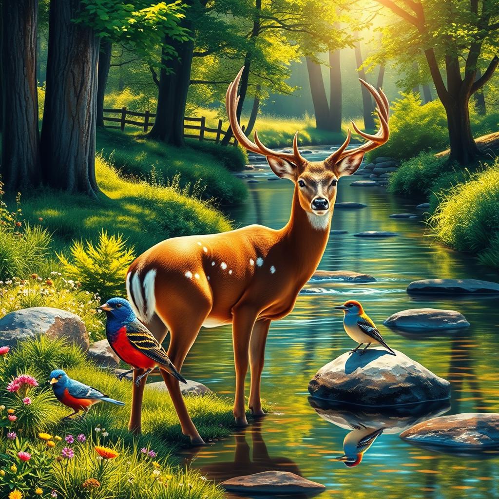 A picturesque scene depicting a graceful deer standing at the edge of a tranquil brook, surrounded by vibrant greenery and wildflowers