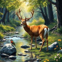 A picturesque scene depicting a graceful deer standing at the edge of a tranquil brook, surrounded by vibrant greenery and wildflowers