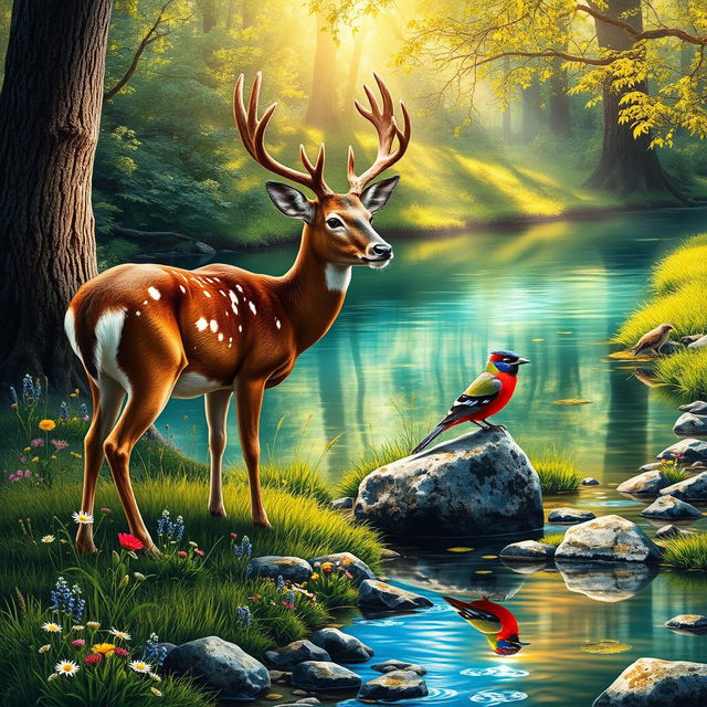 A picturesque scene depicting a graceful deer standing at the edge of a tranquil brook, surrounded by vibrant greenery and wildflowers