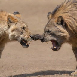 A gripping face-off between a mighty lion and a cunning hyena, both poised and ready to strike.